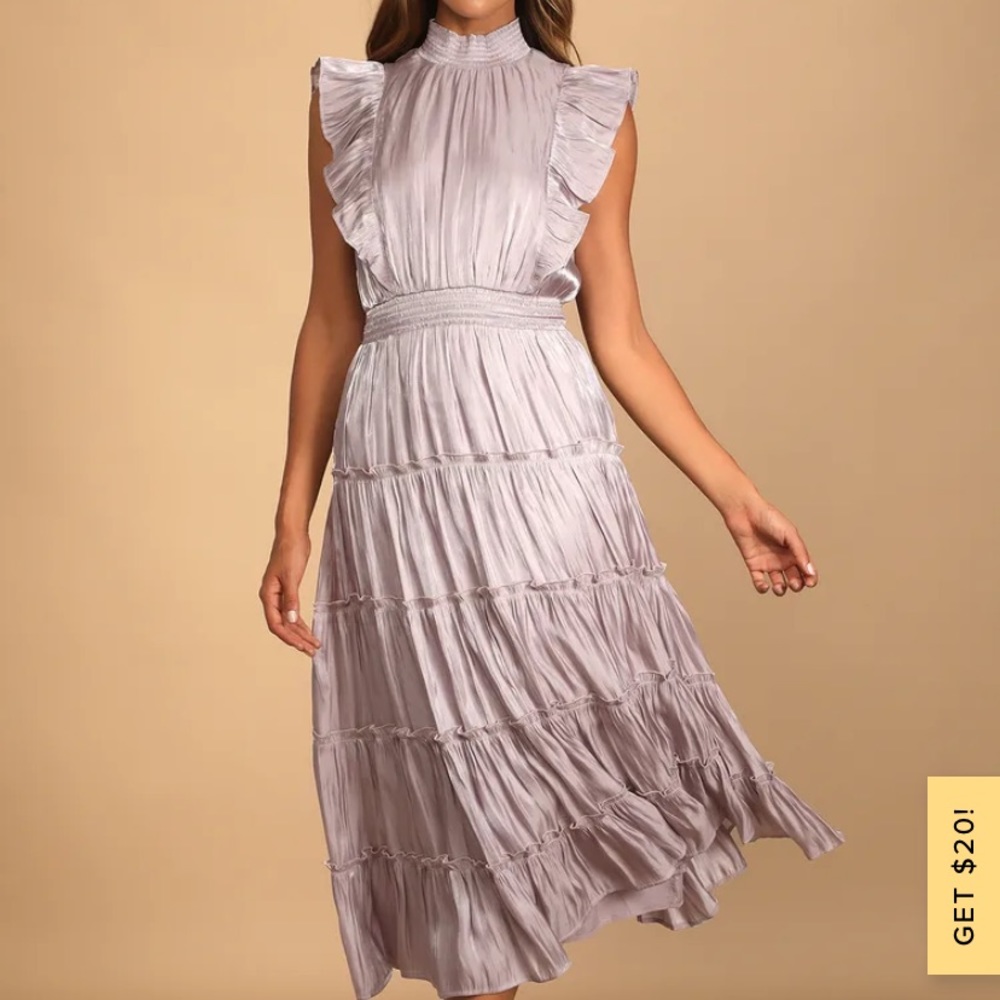 Take a Glance Lilac Tiered Mock Neck Midi Dress